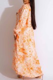 オレンジ カジュアル プリント レター ターンダウン カラー シャツ ドレス ドレス