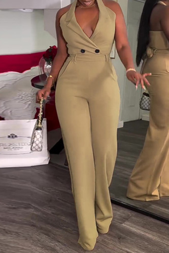 Khaki Sweet Solid Patchwork Buttons V Neck Regular Jumpsuits