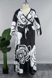 Black White Casual Print Frenulum V Neck Long Dress Plus Size Dresses