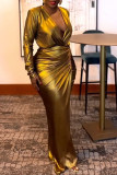 Vestidos de manga larga con cuello en V y pliegues formales elegantes de fiesta dorada