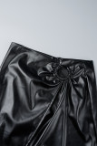 Preto casual sólido retalhos fenda magro cintura alta saias convencionais de cor sólida