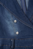 The cowboy blue Casual Solid Patchwork Turndown Collar Regular Skinny Denim Jumpsuits