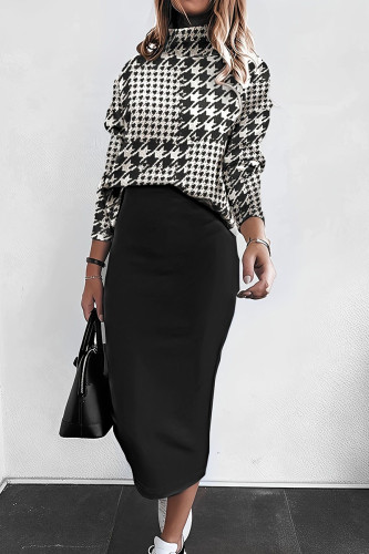 Black Casual Print Patchwork O Neck Long Sleeve Two Pieces