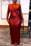 Vestidos de manga larga con cuello en V y pliegues formales elegantes de fiesta rojos