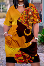 Goudgele casual print patchwork jurk met V-hals en print