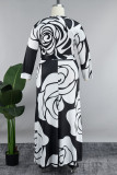 Black White Casual Print Frenulum V Neck Long Dress Plus Size Dresses