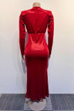 Rode feest elegante formele gevouwen V-hals jurken met lange mouwen