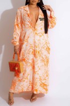 オレンジ カジュアル プリント レター ターンダウン カラー シャツ ドレス ドレス
