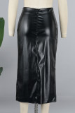 Schwarze, lässige, einfarbige Röcke mit Patchwork-Schlitz und schmaler, hoher Taille