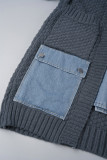Dunkelgraue, lässige Farbblock-Patchwork-Oberbekleidung mit Taschenknöpfen und Cardigan-Kragen