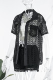 Black Casual Solid Hollowed Out Patchwork Buckle Turndown Collar Short Sleeve Three Pieces