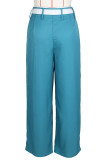 Синие элегантные однотонные карманные пуговицы в стиле пэчворк. Прямые брюки с низкой талией. Прямые низы в стиле пэчворк.