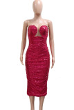 Rose Red Sexy Solid Sequins Patchwork Zipper Asymmetrical Collar Wrapped Skirt Dresses