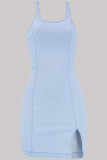 Medium Blue Street Solid Patchwork Slit Zipper Spaghetti Strap Wrapped Skirt Dresses