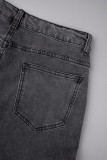 Jeans de mezclilla sueltos de cintura alta con cremallera y botones de bolsillo ahuecados lisos de calle azul claro
