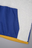 Branco azul casual cor bloco retalhos cordão bolso zíper gola com capuz manga comprida duas peças