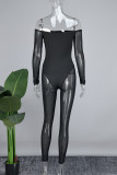 Schwarze, sexy, einfarbige, durchsichtige, rückenfreie, schulterfreie Skinny-Jumpsuits im Patchwork-Stil