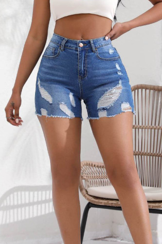 Short en jean skinny bleu moyen, sexy, uni, déchiré, patchwork, boutons de poche, fermeture éclair, taille moyenne