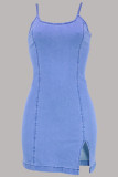 Vestidos de saia enrolados com alça espaguete com fenda em retalhos sólidos de rua azul médio