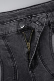 Light Blue Street Solid Hollowed Out Patchwork Pocket Buttons Zipper High Waist Loose Criss Cross Baggy Denim Jeans