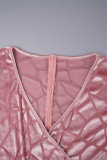 Rosa casual sólido frênulo com decote em V manga comprida vestidos plus size