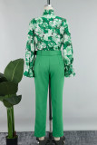 Groene casual printbandage met riem, lange mouwen, twee stukken