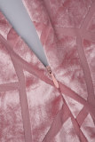 Rosa casual sólido frênulo com decote em V manga comprida vestidos plus size