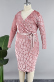Roze casual effen frenulum V-hals lange mouwen plus size jurken