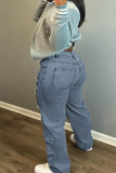 Light Blue College Solid Patchwork Pocket Buttons Zipper Mid Waist Straight Cargo Denim Jeans