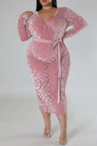 ピンク カジュアル ソリッド 小帯 V ネック長袖プラス サイズ ドレス