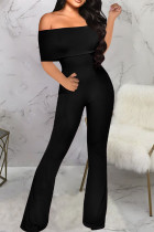 Schwarze, sexy, einfarbige Patchwork-Jumpsuits mit schulterfreiem Boot-Cut
