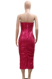 Rose Red Sexy Solid Sequins Patchwork Zipper Asymmetrical Collar Wrapped Skirt Dresses