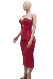 Rosa vermelho sexy sólido lantejoulas retalhos zíper assimétrico colarinho vestidos de saia enrolada