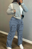 Ljusblå College Solid Patchwork Pocket Knappar Dragkedja Mitt midja Raka jeans jeans