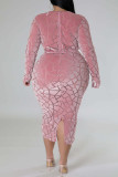Розовые повседневные однотонные платья больших размеров с уздечкой и V-образным вырезом с длинными рукавами