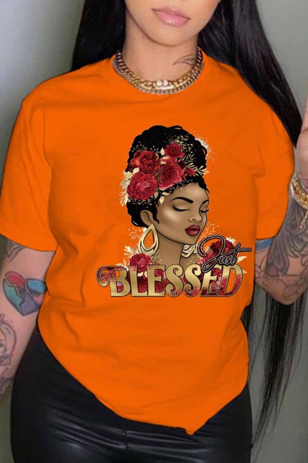 Orange Casual Street Print Bokstaven O-hals T-shirts