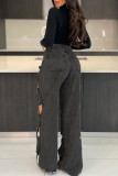 Black Street Solid Hollowed Out Patchwork Pocket Buttons Zipper High Waist Loose Denim Jeans