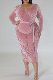 ピンク カジュアル ソリッド 小帯 V ネック長袖プラス サイズ ドレス