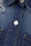 Giacca in denim regolare a maniche lunghe con colletto rovesciato con fibbia tascabile patchwork strappato tinta unita blu baby