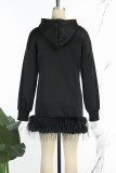 Rose Red Street Solid Feathers Hooded Collar Straight Dresses