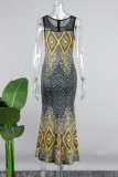 Veelkleurige sexy casual print patchwork O-hals lange jurkjurken