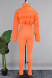 Orangefarbener, legerer, einfarbiger, schmaler Jumpsuit mit Reißverschluss und Kragen