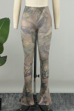 Bruine basic skinny broek met hoge taille, potlood en volledige print
