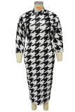 Black White Casual Print Basic Half A Turtleneck Sleeveless Dress Plus Size Two Pieces