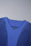 Blauer eleganter fester Verband-Patchwork-Falten-V-Ausschnitt in Übergröße, zweiteilig