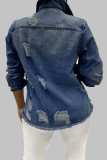 Veste en jean bleu bébé, couleur unie, déchirée, Patchwork, boucle de poche, col rabattu, manches longues, régulière