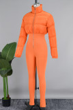 オレンジ カジュアル ソリッド パッチワーク ジッパー カラー スキニー ジャンプスーツ