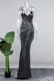 Black Sexy Patchwork Hot Drilling See-through Backless Slit Spaghetti Strap Long Dress Dresses