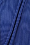 Blu elegante fasciatura solida patchwork piega scollo a V taglie forti due pezzi