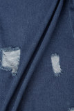 Blue Street Solid Patchwork Pocket Buckle Turndown Collar Long Sleeve Regular Distressed Ripped Denim Jacket